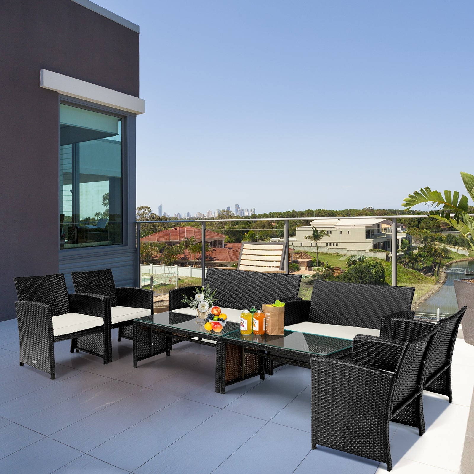 4Pcs Patio Rattan Cushioned Furniture Set-WhiteÂ