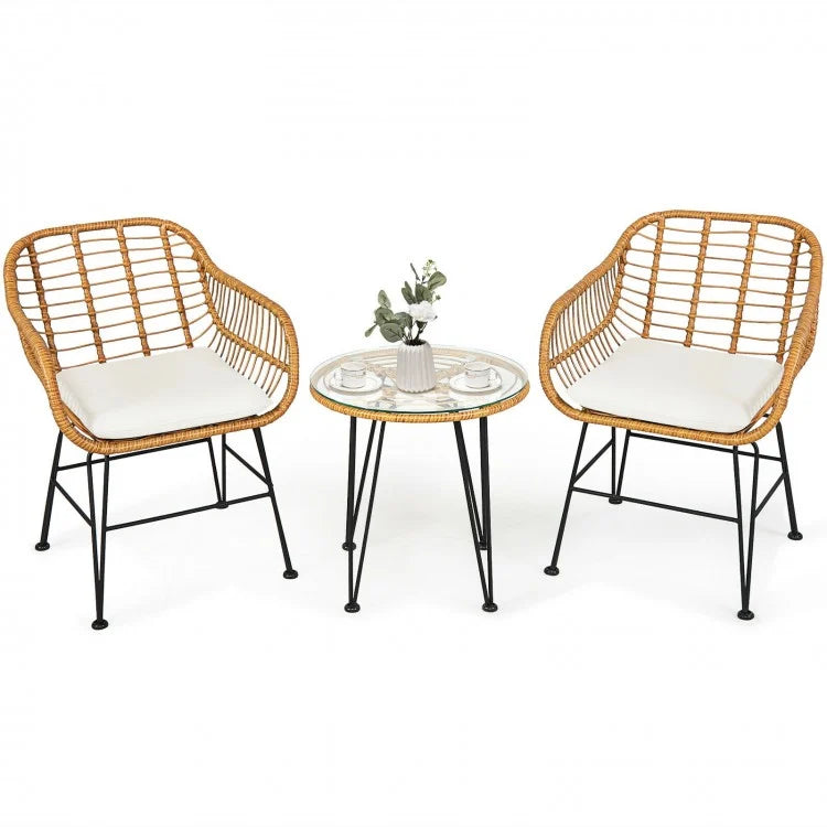 3-Piece Rattan Bistro Set with Cushioned Chairs & Glass Table