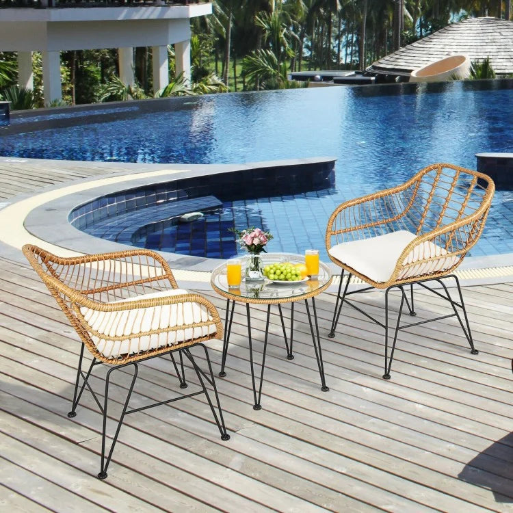 3-Piece Rattan Bistro Set with Cushioned Chairs & Glass Table