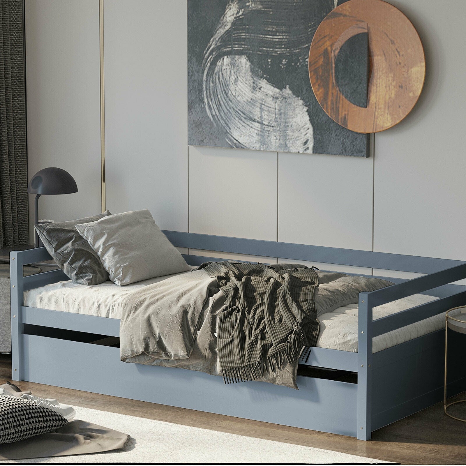 Twin Size Trundle Platform Bed Frame with Wooden Slat Support-Gray