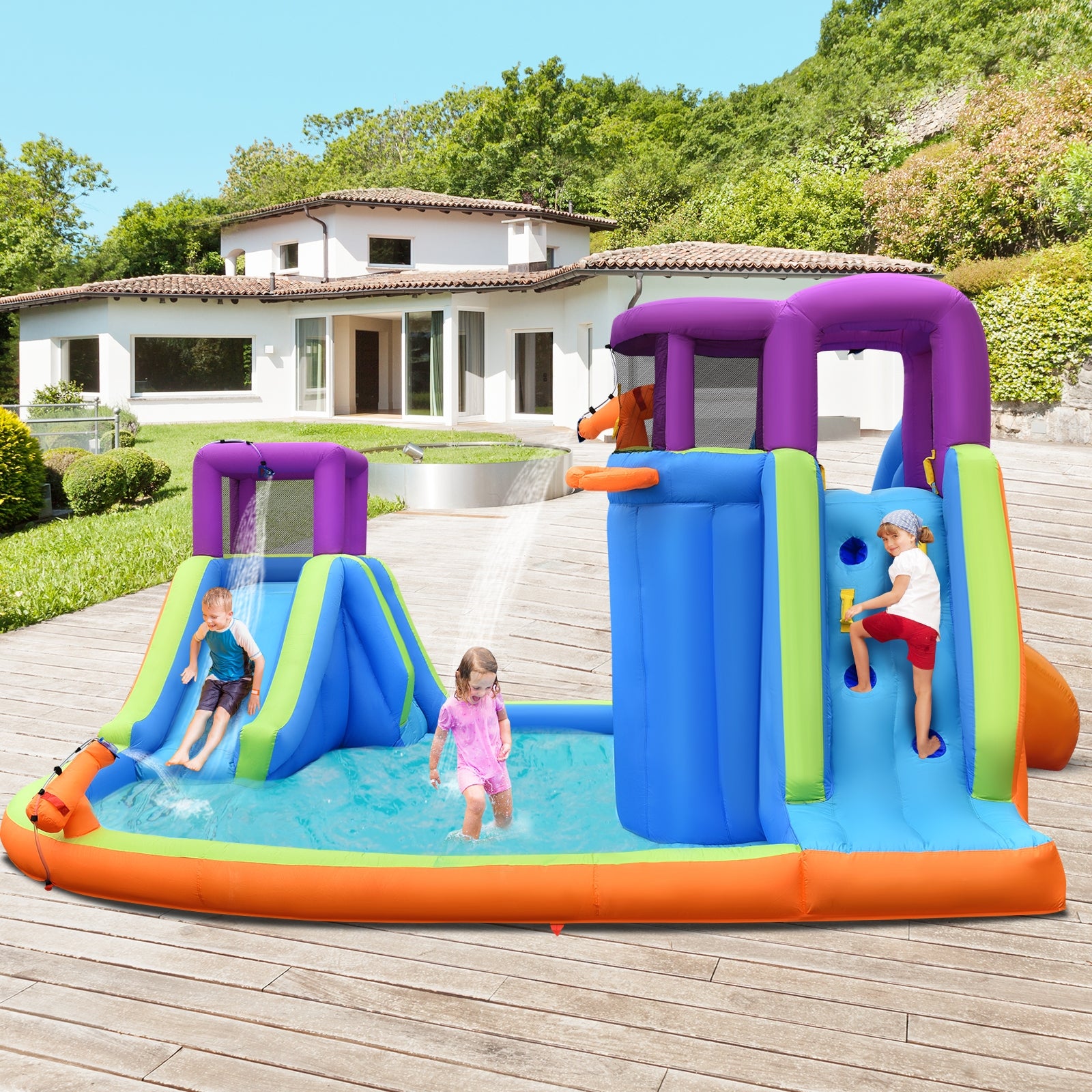 6-in-1 Inflatable Dual Water Slide Bounce House Without BlowerÂ