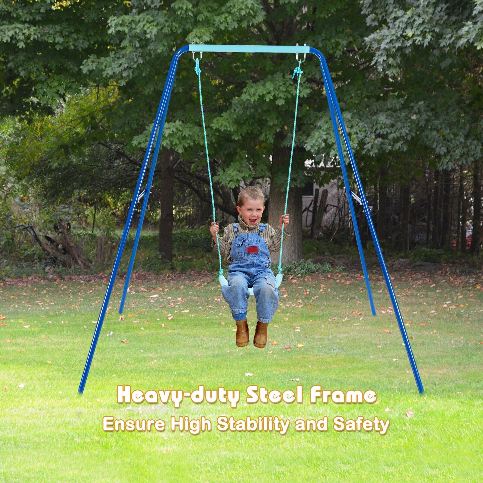 Outdoor Kids Swing Set with Heavy-Duty Metal A-Frame and Ground Stakes-BlueÂ