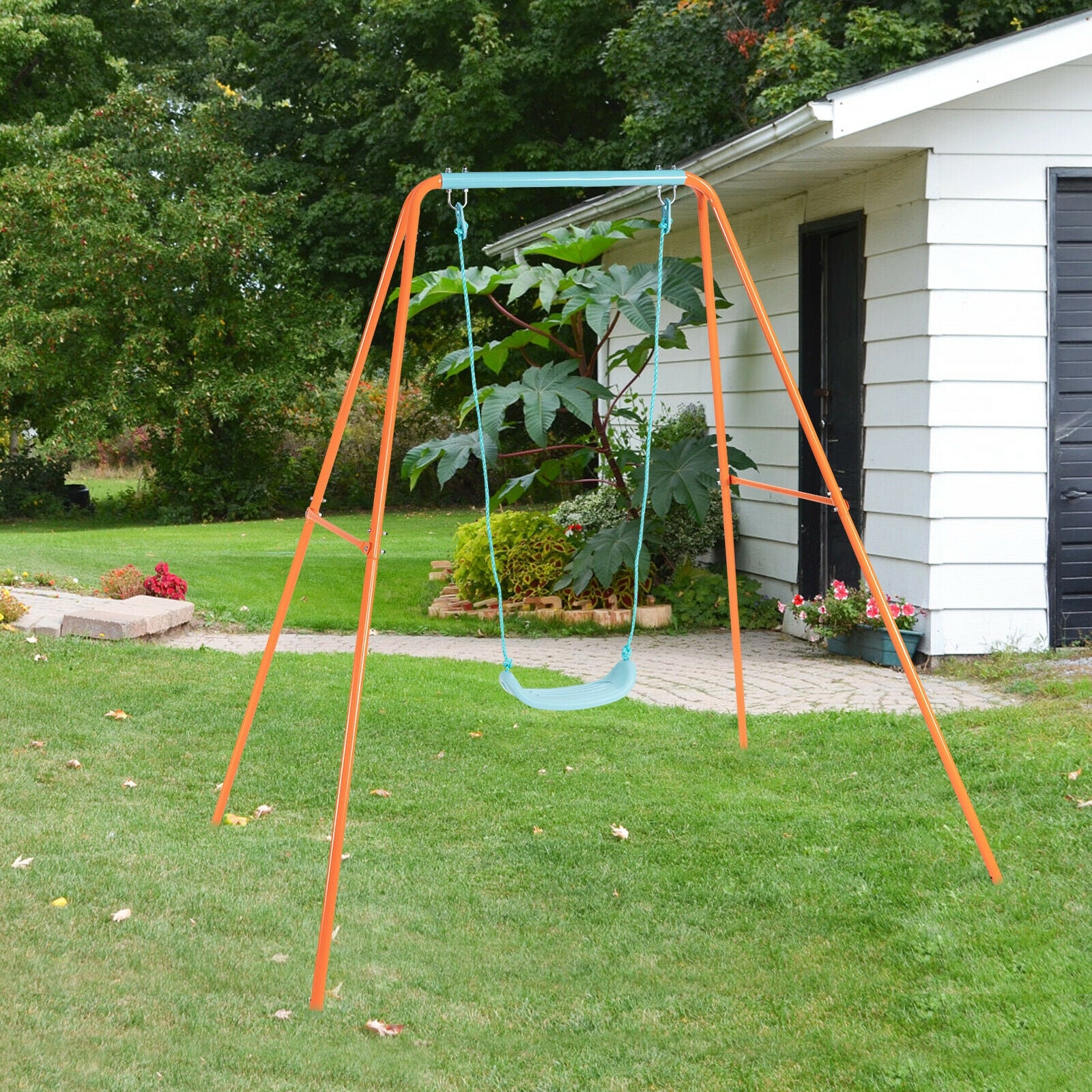 Outdoor Kids Swing Set with Heavy-Duty Metal A-Frame and Ground Stakes-OrangeÂ
