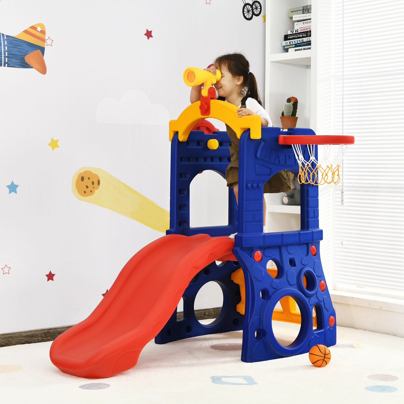 6-in-1 Freestanding Kids Slide with Basketball Hoop and Ring TossÂ