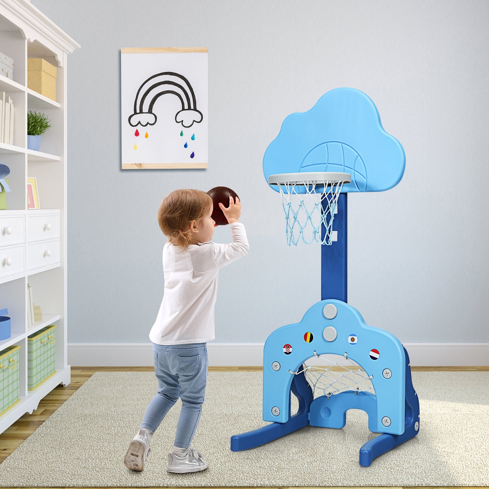 3-in-1 Kids Basketball Hoop Set with Balls-BlueÂ