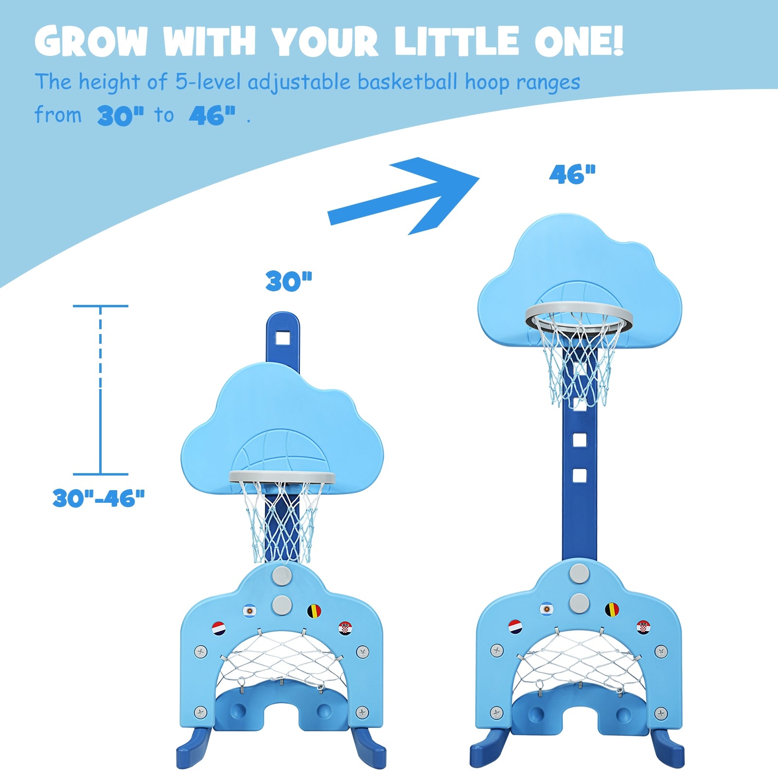 3-in-1 Kids Basketball Hoop Set with Balls-BlueÂ