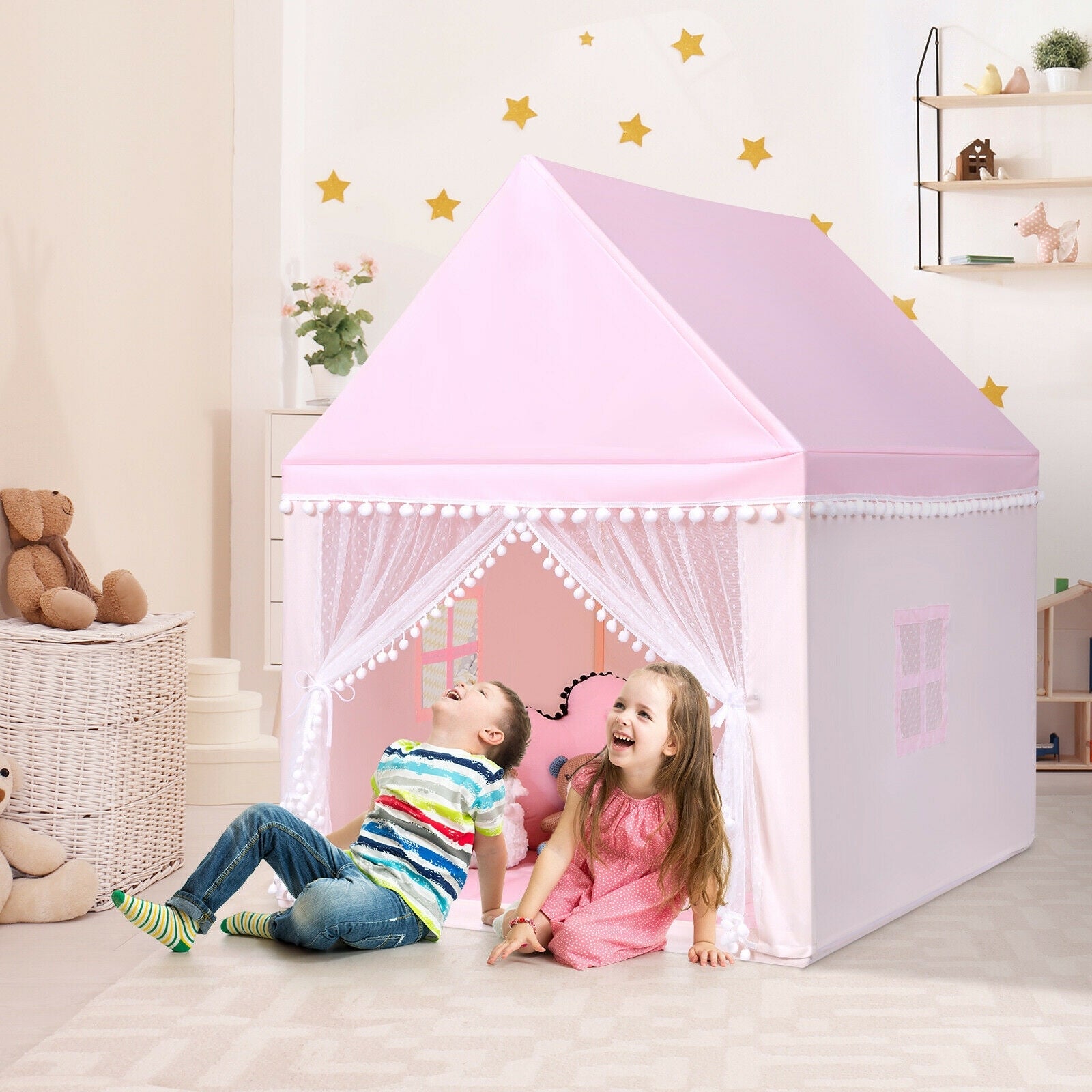 Kids Play Tent Large Playhouse Children Play Castle Fairy Tent Gift with Mat-PinkÂ