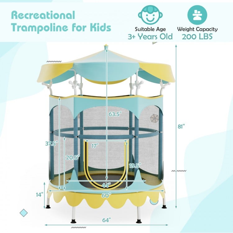 64 Inch Kids Trampoline with Detachable Canopy and Safety Enclosure Net