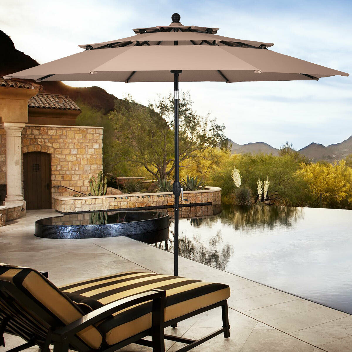 10ft 3 Tier Outdoor Patio Umbrella with Double Vented-BeigeÂ