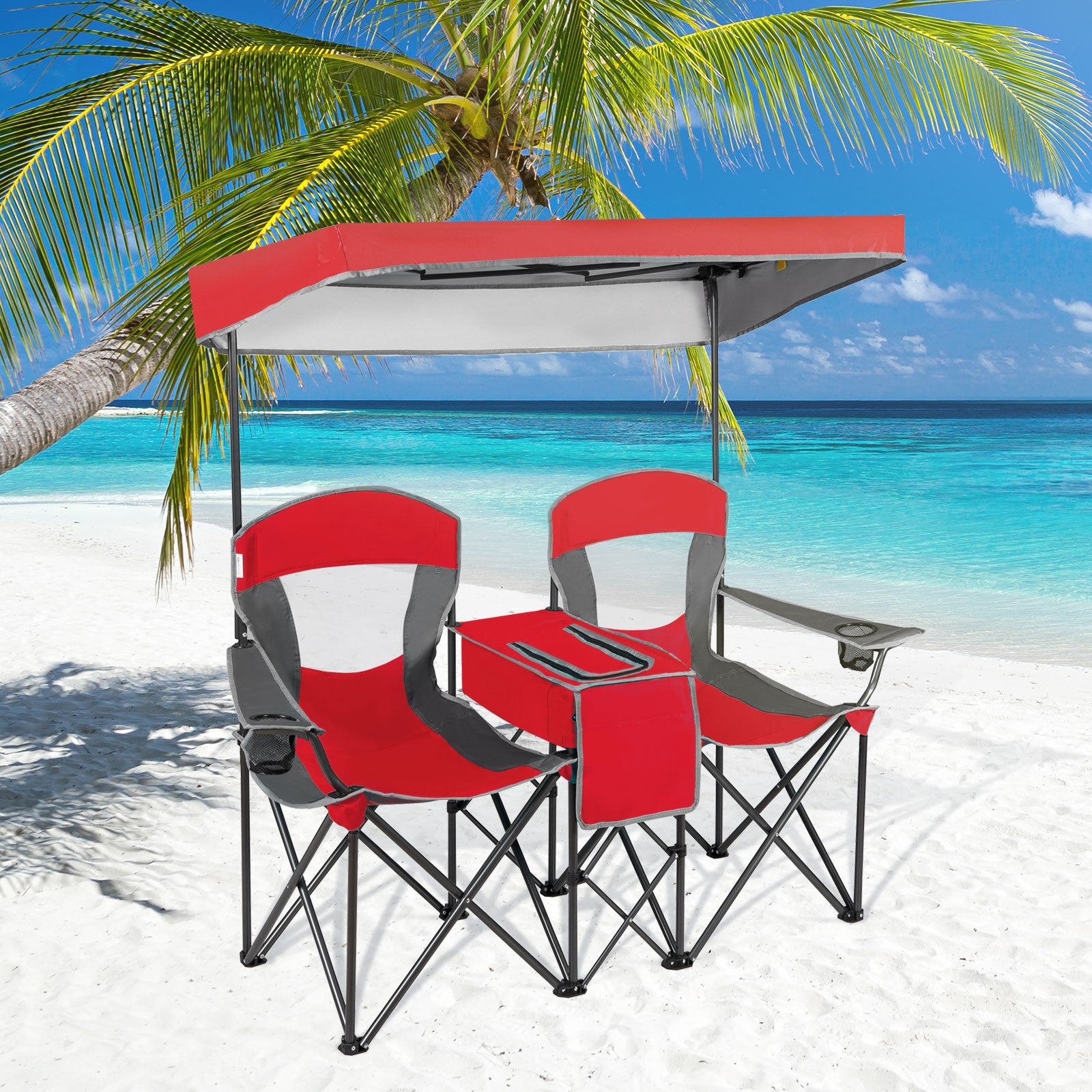 Portable Folding Camping Canopy Chairs with Cup Holder-RedÂ