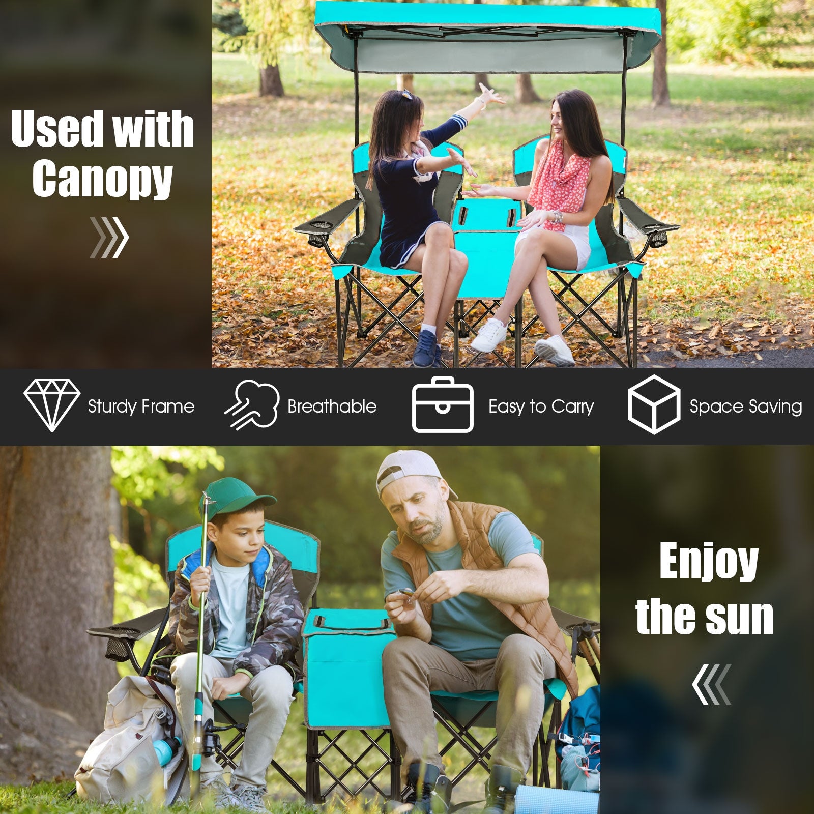 Portable Folding Camping Canopy Chairs with Cup Holder-TurquoiseÂ