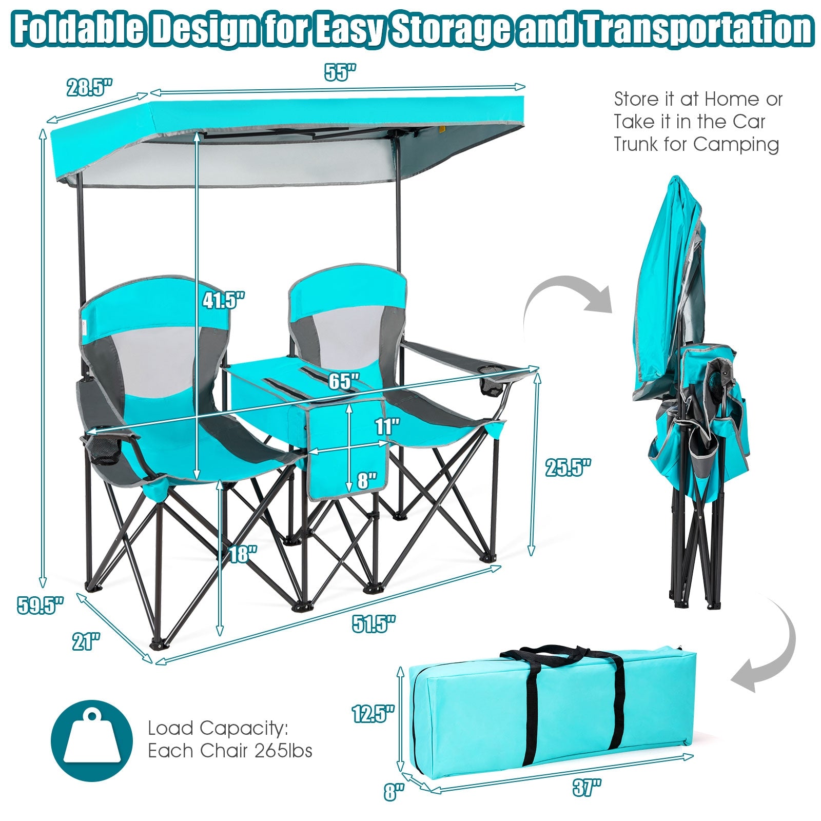 Portable Folding Camping Canopy Chairs with Cup Holder-TurquoiseÂ