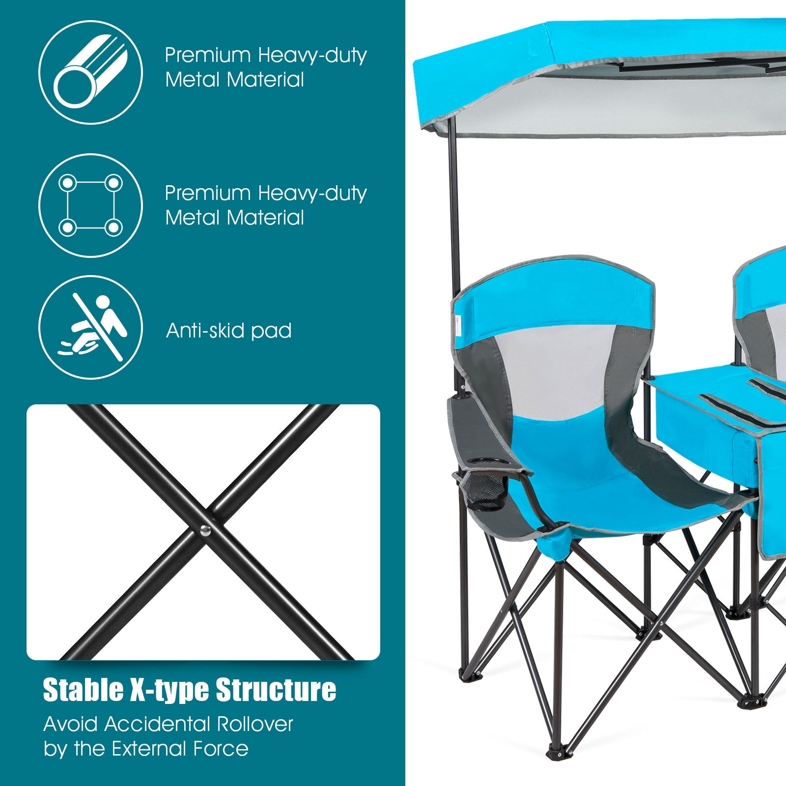 Portable Folding Camping Canopy Chairs with Cup Holder-BlueÂ