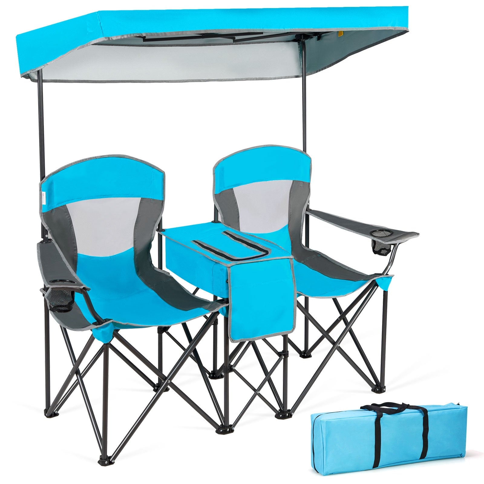 Portable Folding Camping Canopy Chairs with Cup Holder-BlueÂ
