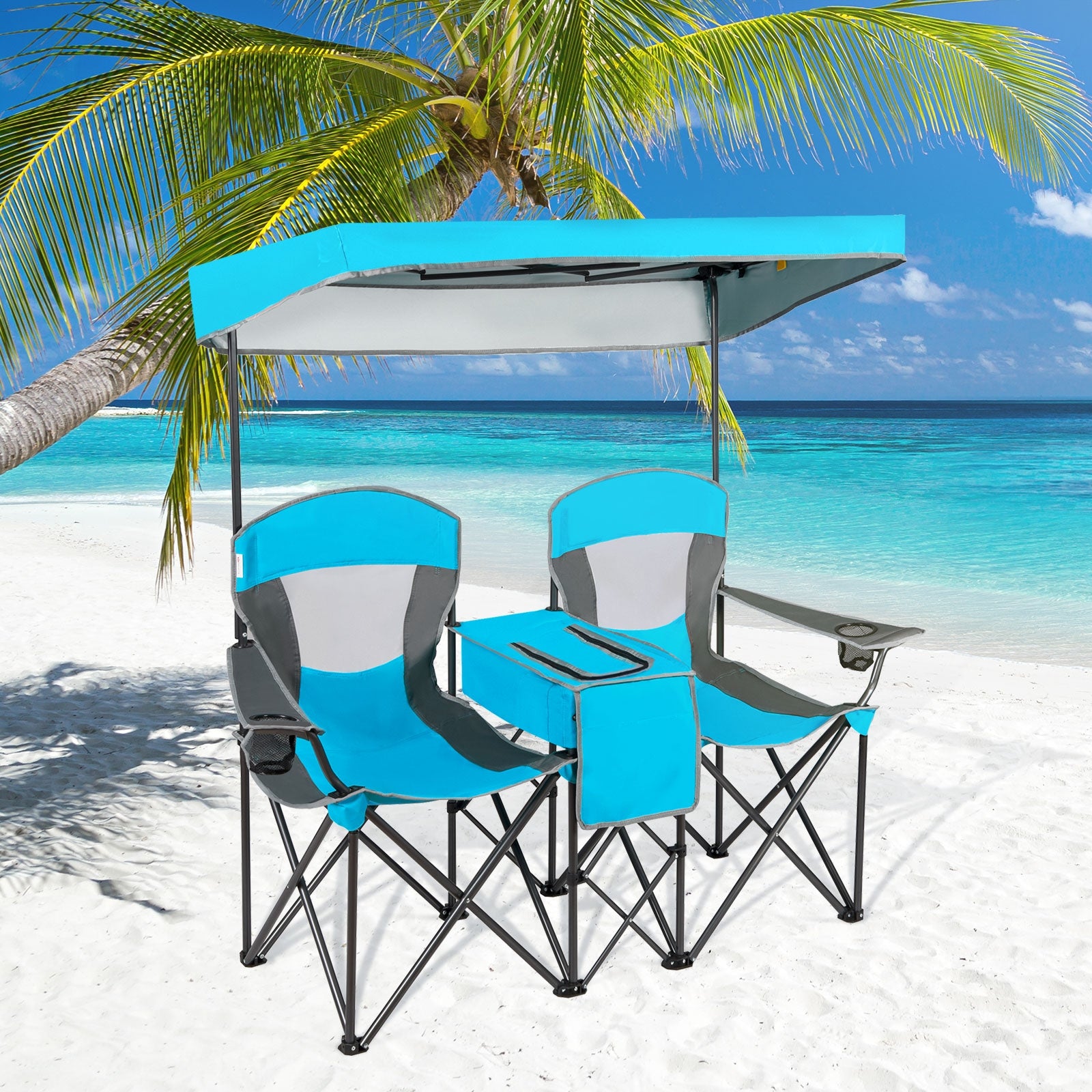 Portable Folding Camping Canopy Chairs with Cup Holder-BlueÂ
