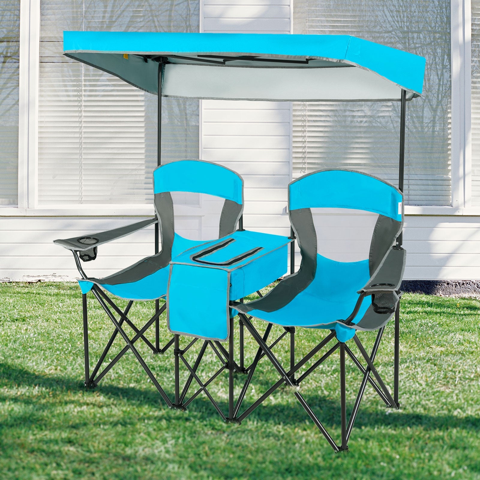 Portable Folding Camping Canopy Chairs with Cup Holder-BlueÂ