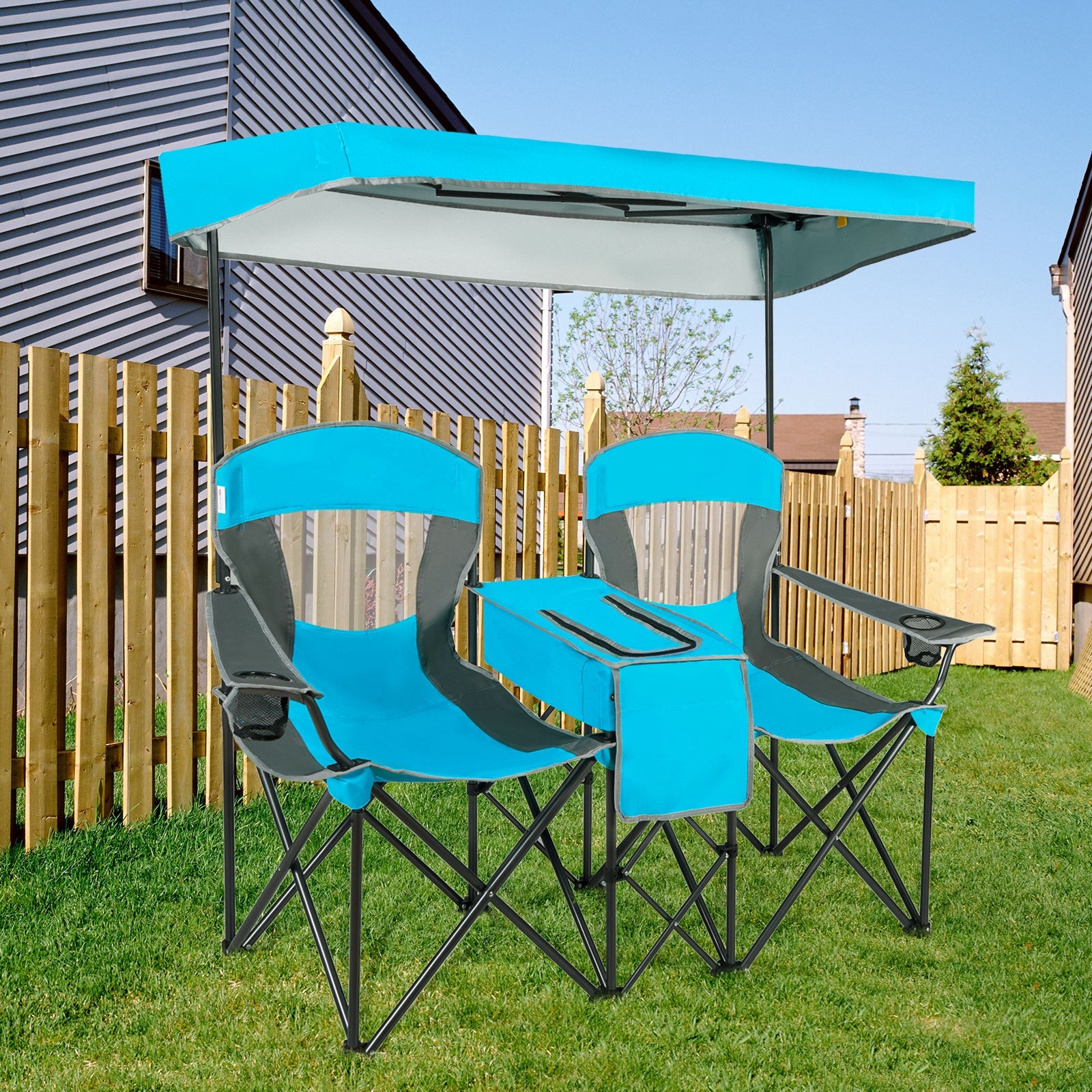 Portable Folding Camping Canopy Chairs with Cup Holder-BlueÂ