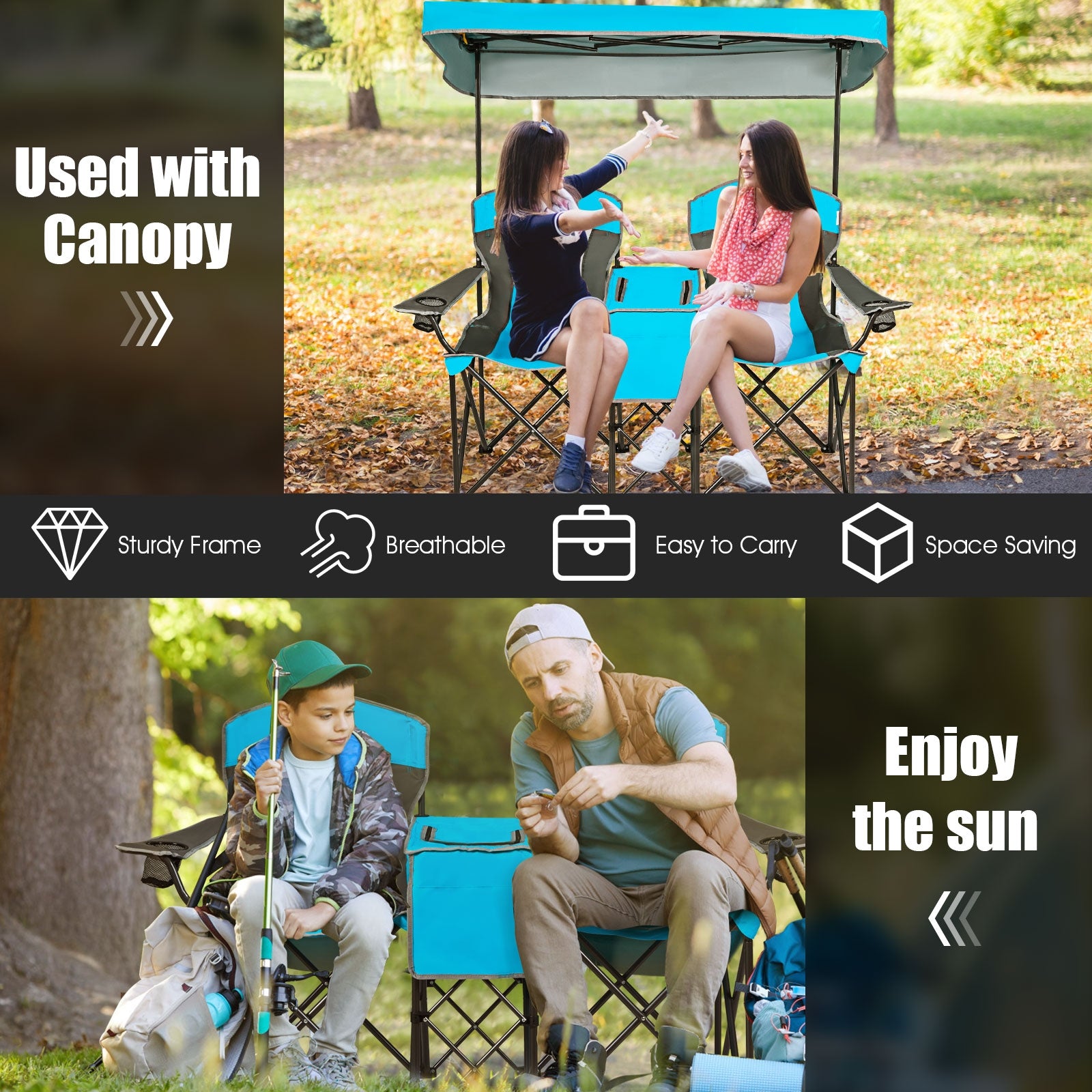 Portable Folding Camping Canopy Chairs with Cup Holder-BlueÂ