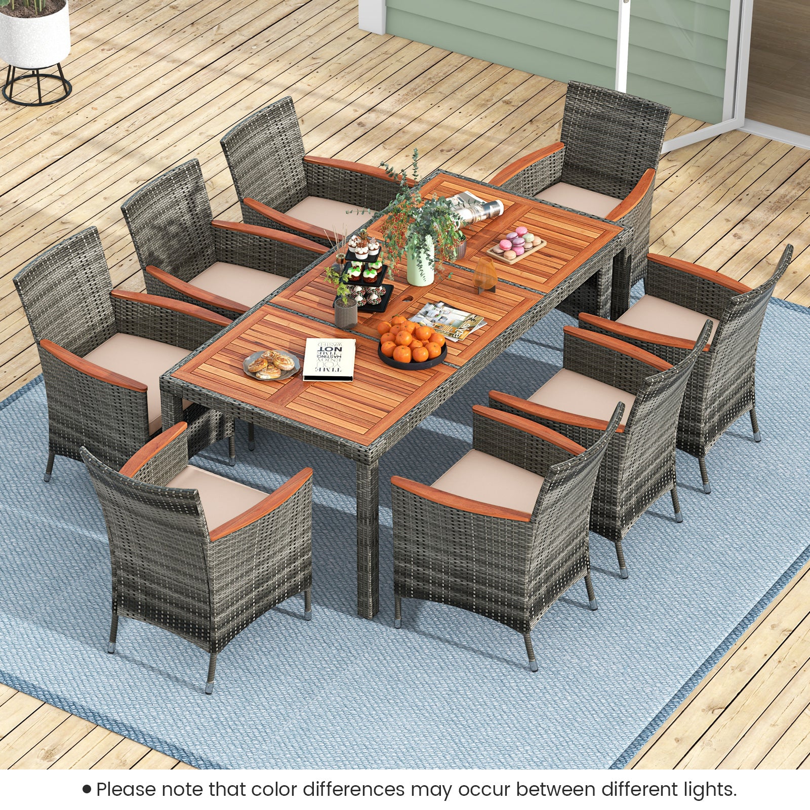 9 Pieces Rattan Patio Dining Set with Acacia Wood Table and Cushioned ChairÂ