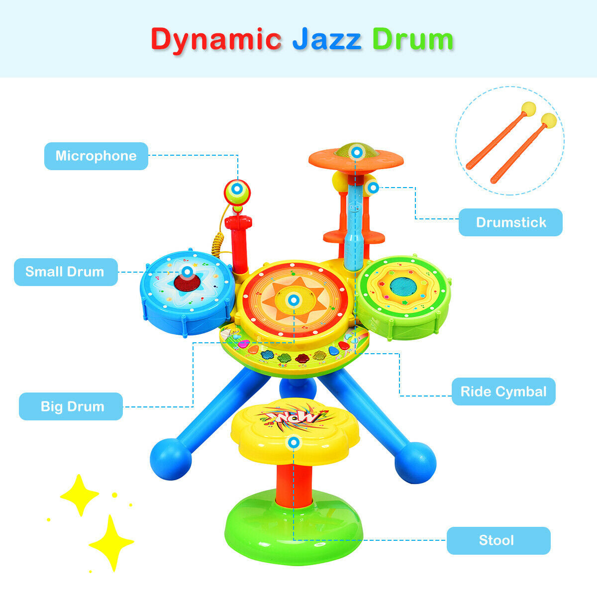 Electric Jazz Drum Set with Stool Microphone and LED LightÂ