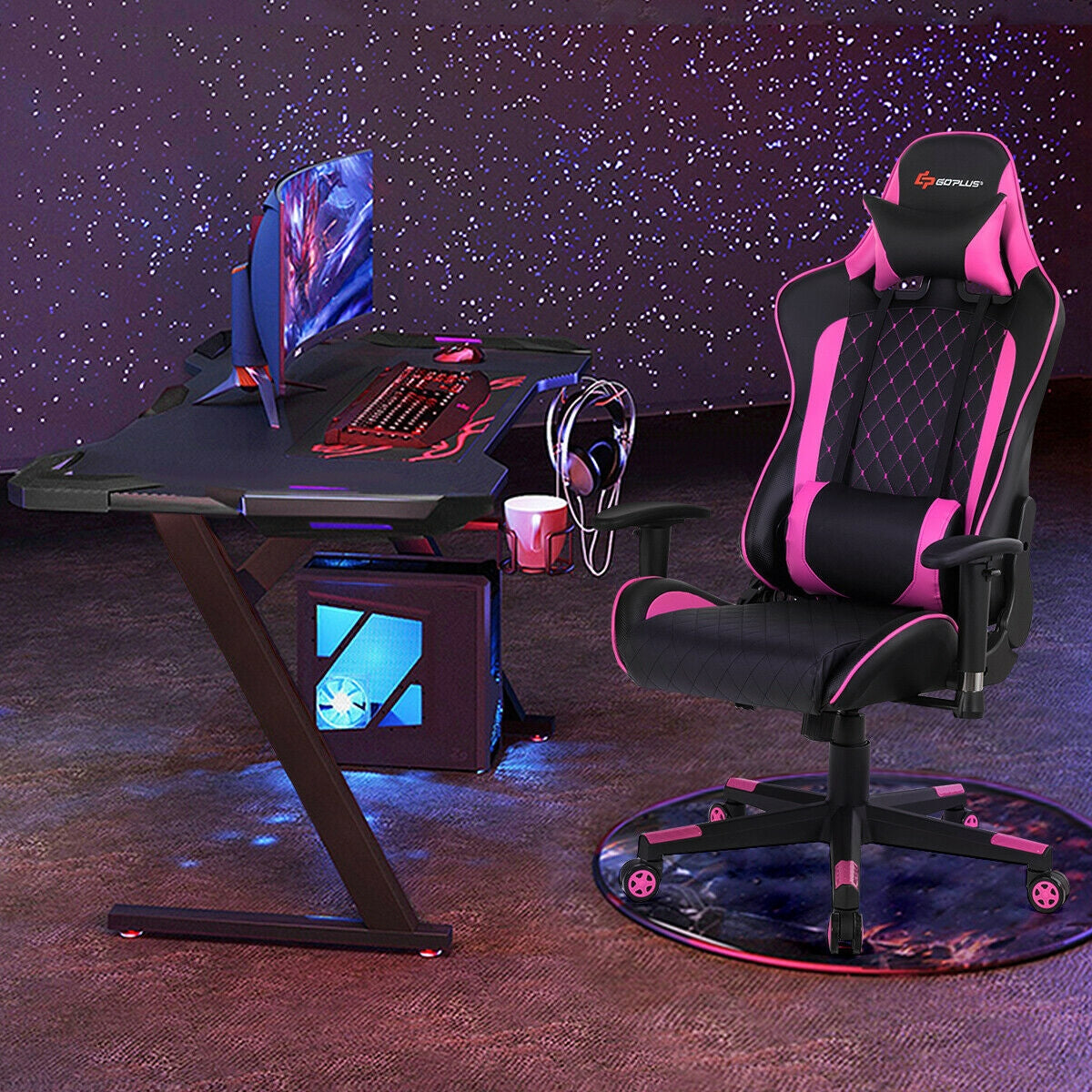 Massage Gaming Chair with Lumbar Support and Headrest-PinkÂ