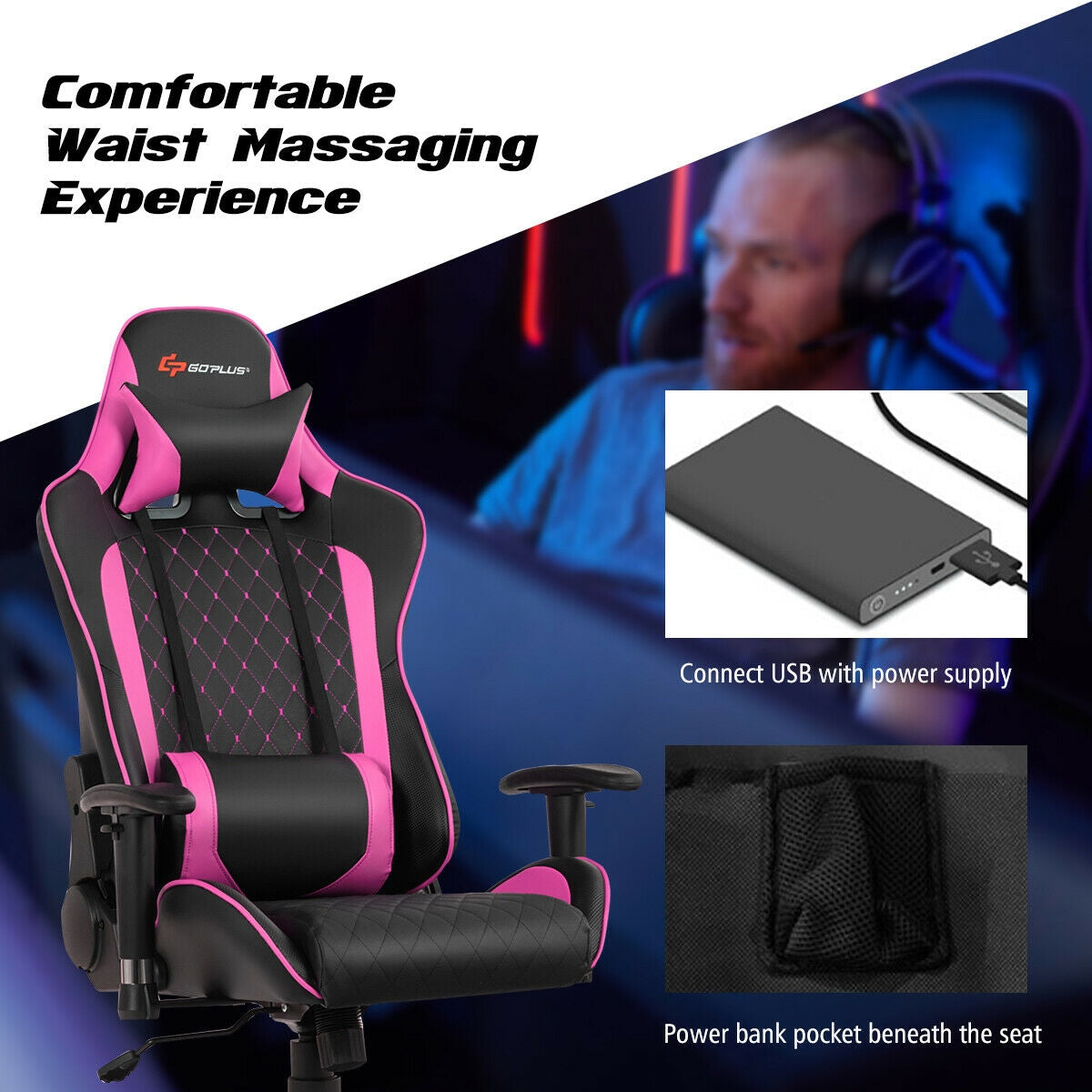 Massage Gaming Chair with Lumbar Support and Headrest-PinkÂ