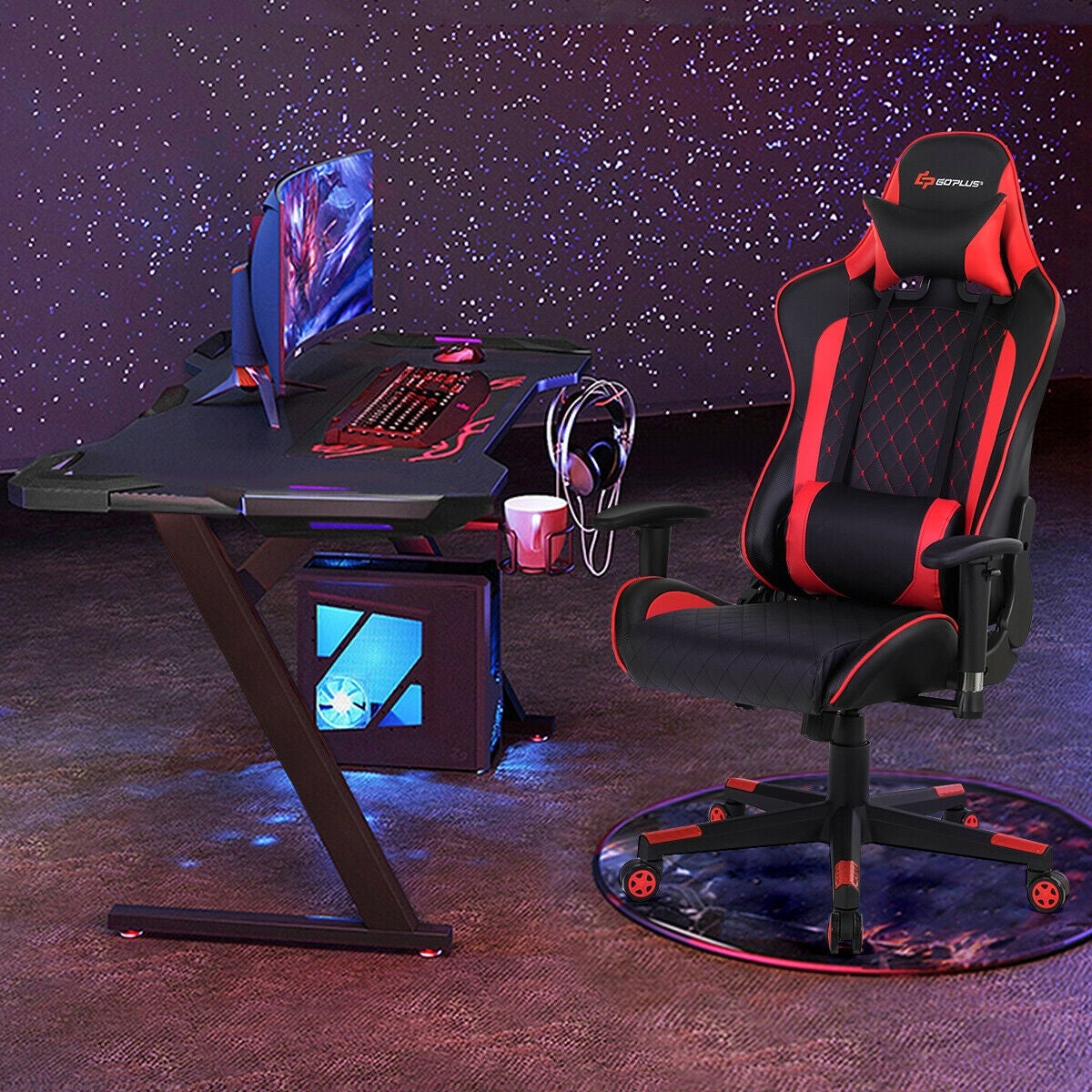 Massage Gaming Chair with Lumbar Support and Headrest-RedÂ