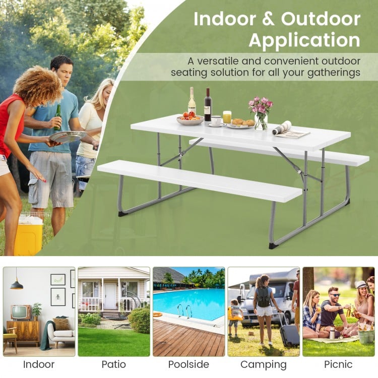 Folding Picnic Table Set with Metal Frame and All-Weather HDPE Tabletop Umbrella Hole-White