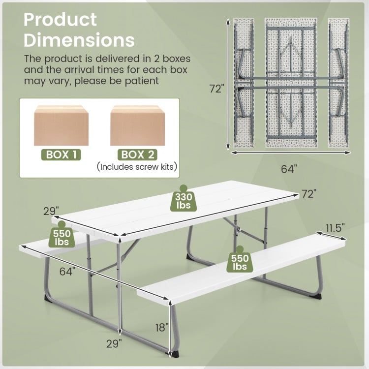 Folding Picnic Table Set with Metal Frame and All-Weather HDPE Tabletop Umbrella Hole-White