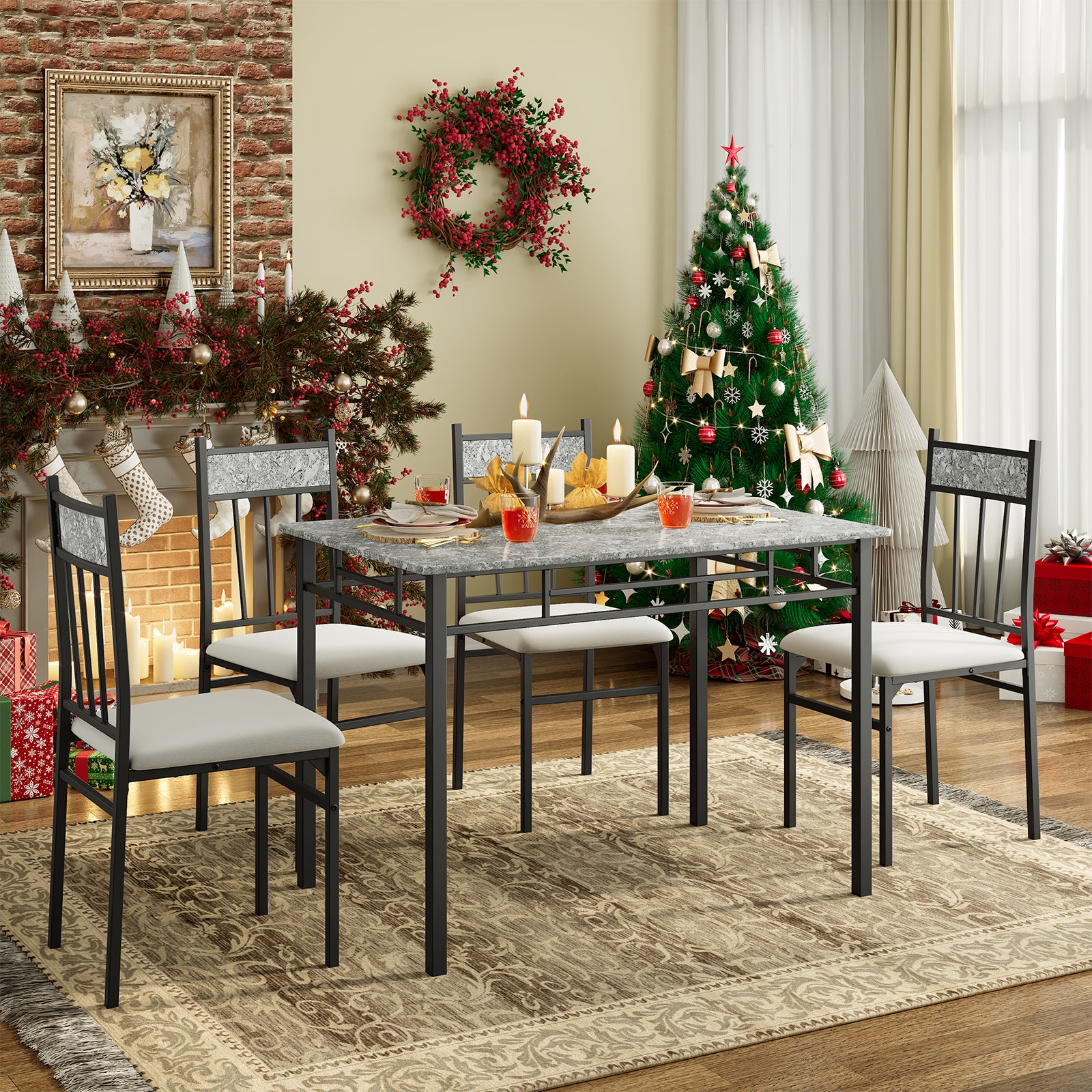 5 Pieces Faux Marble Dining Set Table with Solid Steel FrameÂ