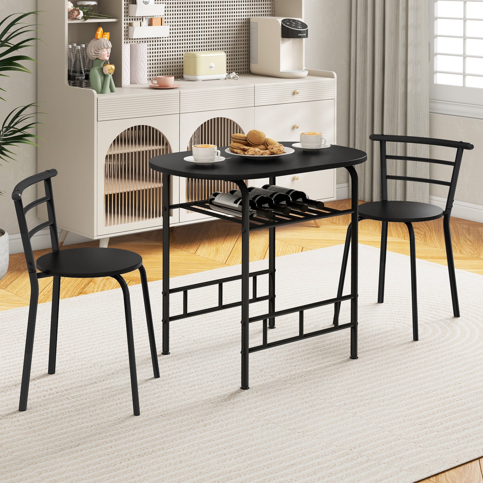 Home Kitchen 3 pcs Bistro Pub Dining Table 2 Chairs Set-BlackÂ