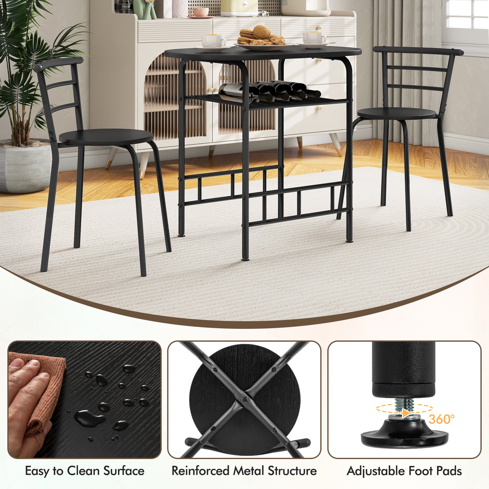 Home Kitchen 3 pcs Bistro Pub Dining Table 2 Chairs Set-BlackÂ