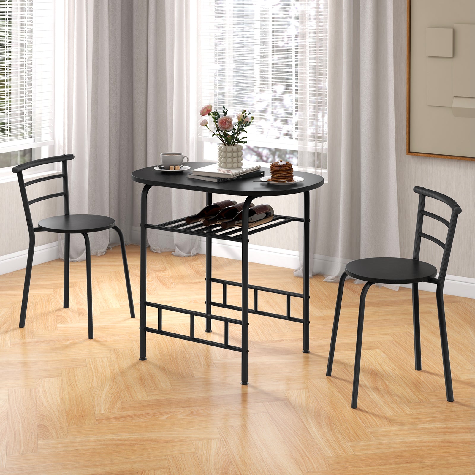 Home Kitchen 3 pcs Bistro Pub Dining Table 2 Chairs Set-BlackÂ