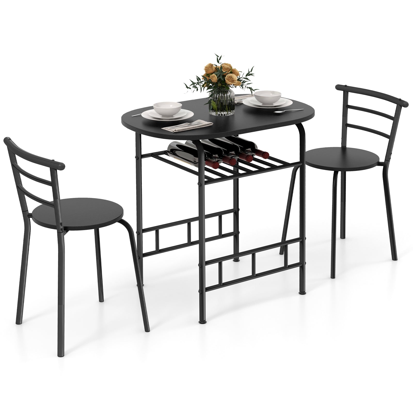 Home Kitchen 3 pcs Bistro Pub Dining Table 2 Chairs Set-BlackÂ