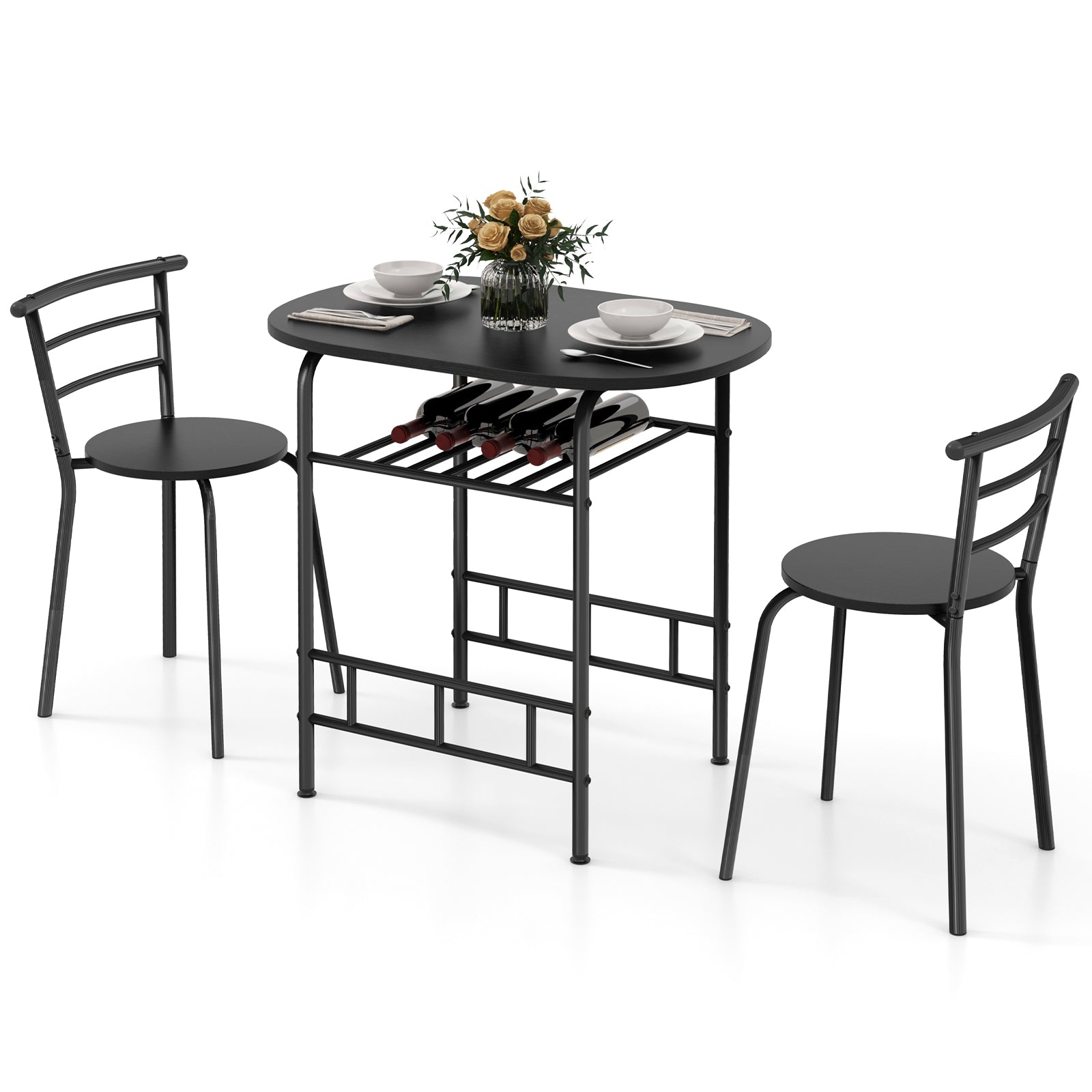 Home Kitchen 3 pcs Bistro Pub Dining Table 2 Chairs Set-BlackÂ