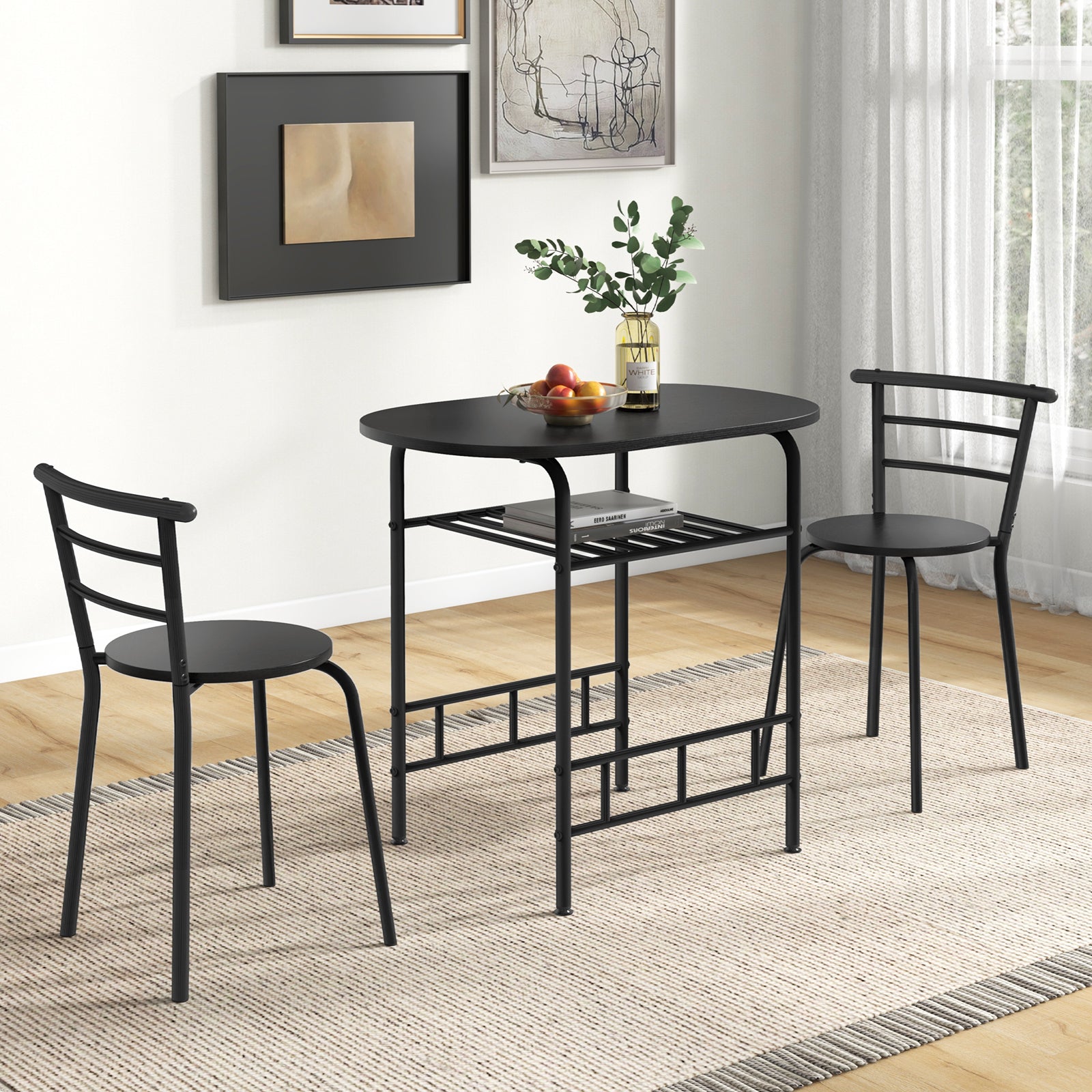 Home Kitchen 3 pcs Bistro Pub Dining Table 2 Chairs Set-BlackÂ