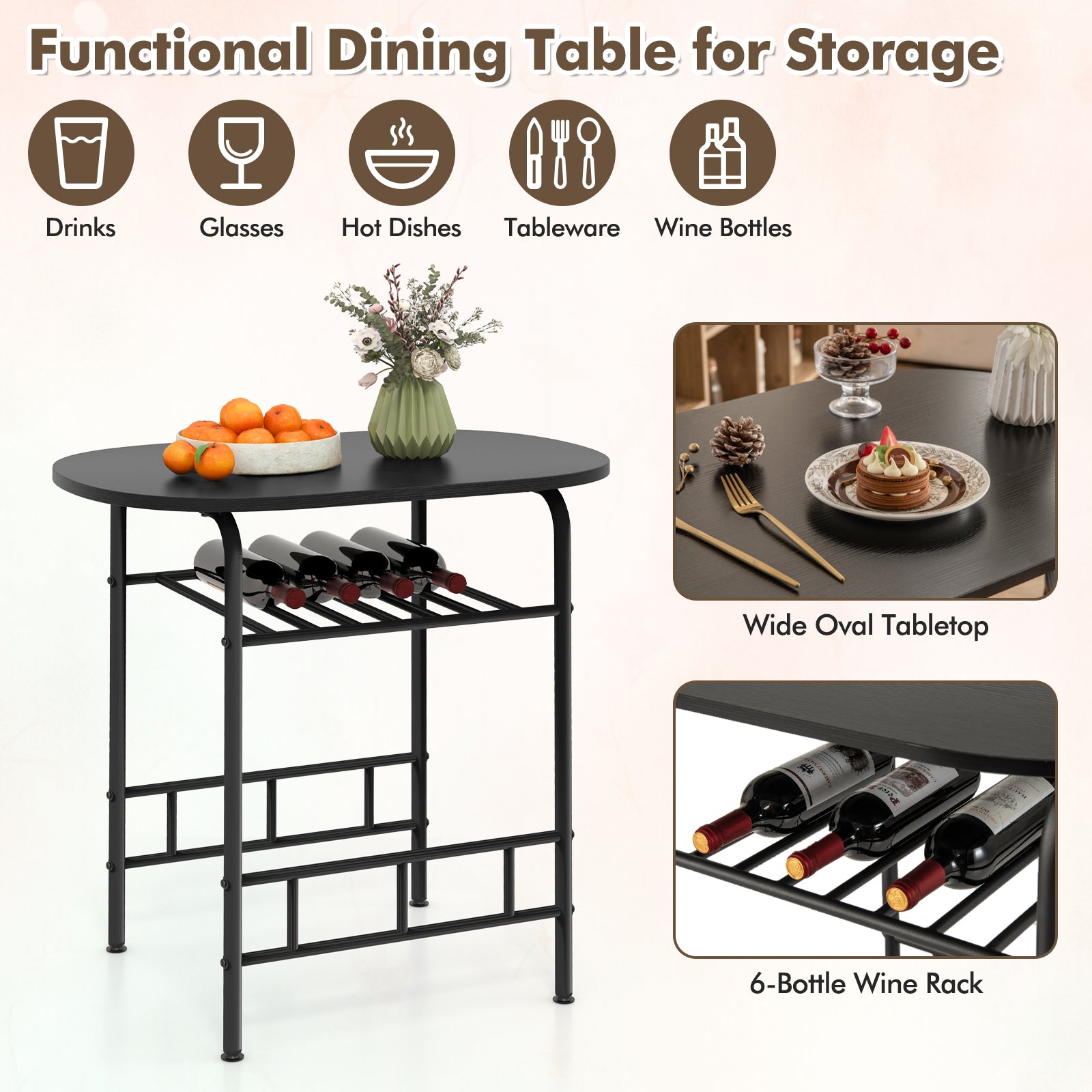 Home Kitchen 3 pcs Bistro Pub Dining Table 2 Chairs Set-BlackÂ