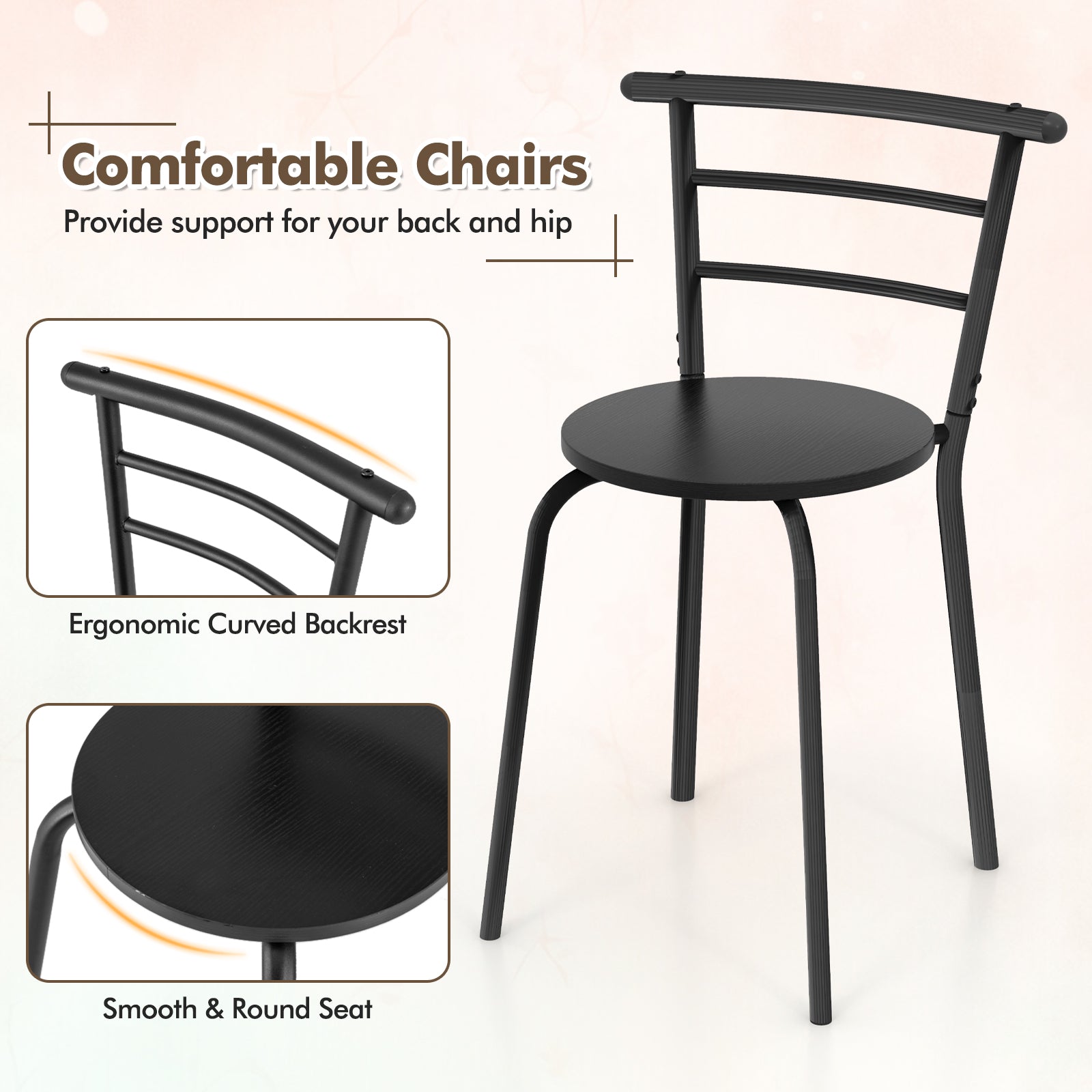 Home Kitchen 3 pcs Bistro Pub Dining Table 2 Chairs Set-BlackÂ