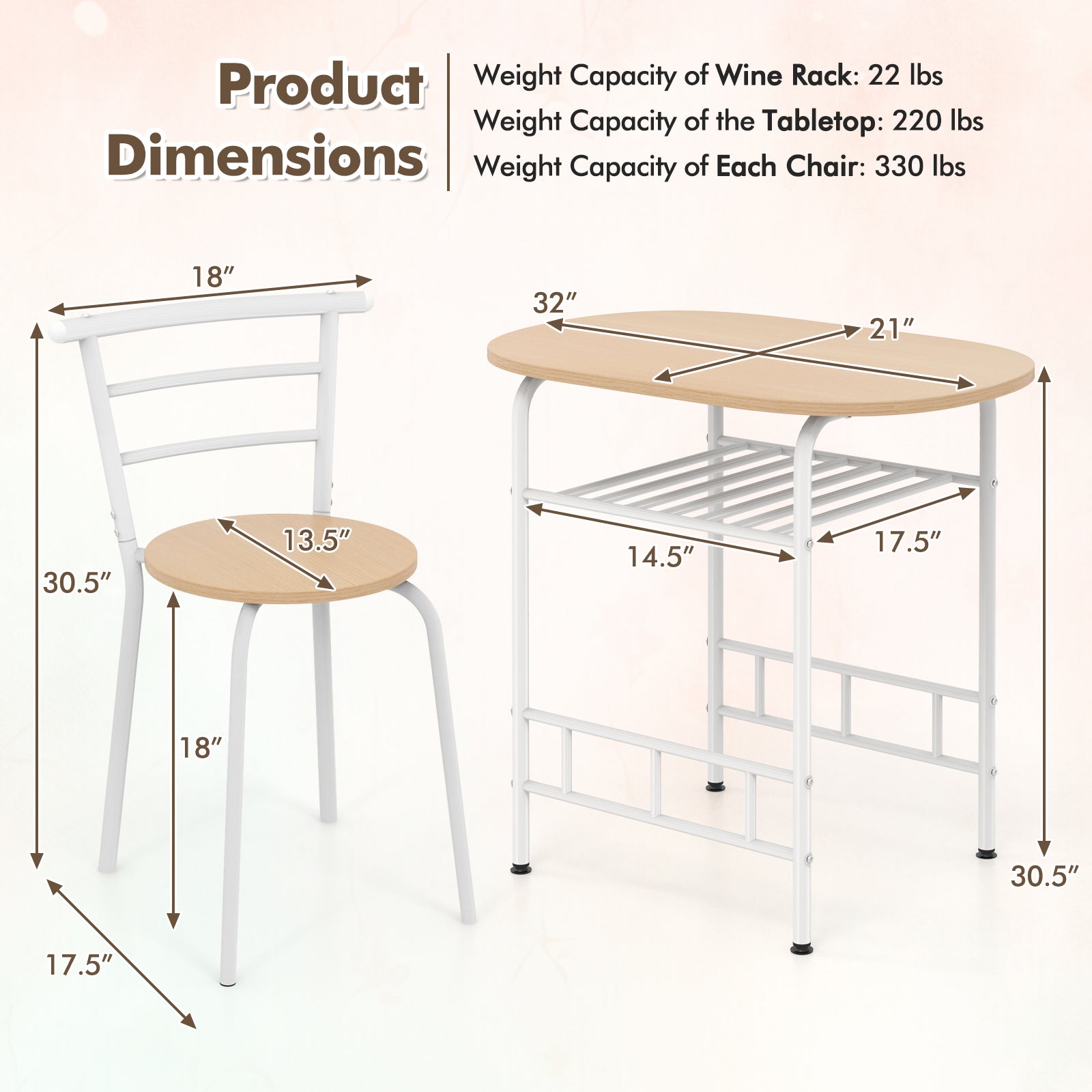 Home Kitchen 3 pcs Bistro Pub Dining Table 2 Chairs Set-TanÂ