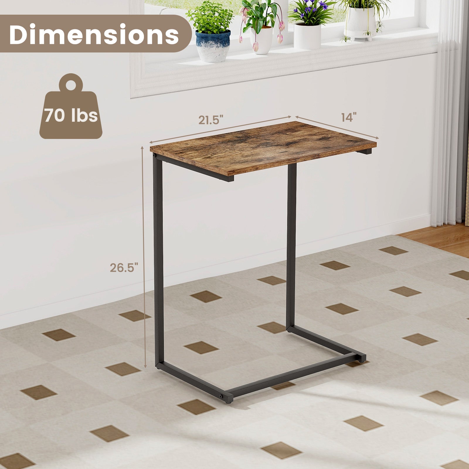 C-shaped Industrial End Table with Metal FrameÂ