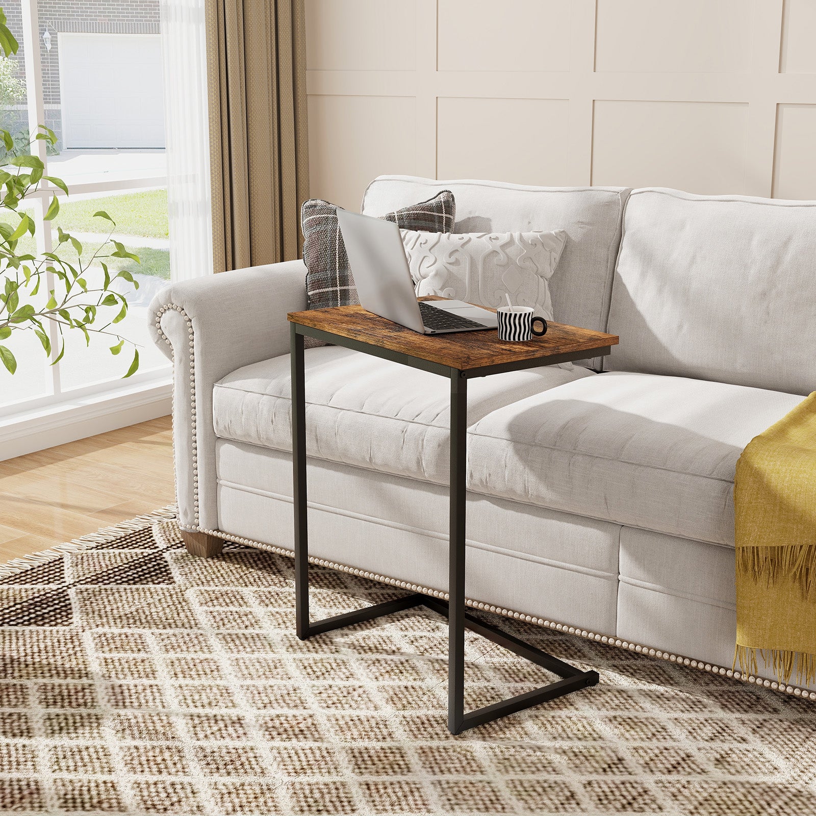 C-shaped Industrial End Table with Metal FrameÂ