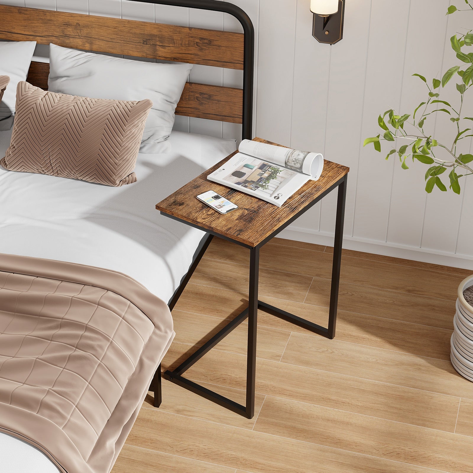 C-shaped Industrial End Table with Metal FrameÂ