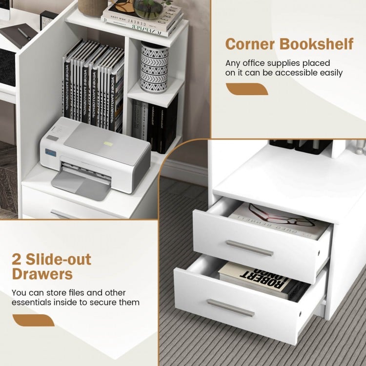 Computer Desk Home Office with Bookshelf and Drawers-White
