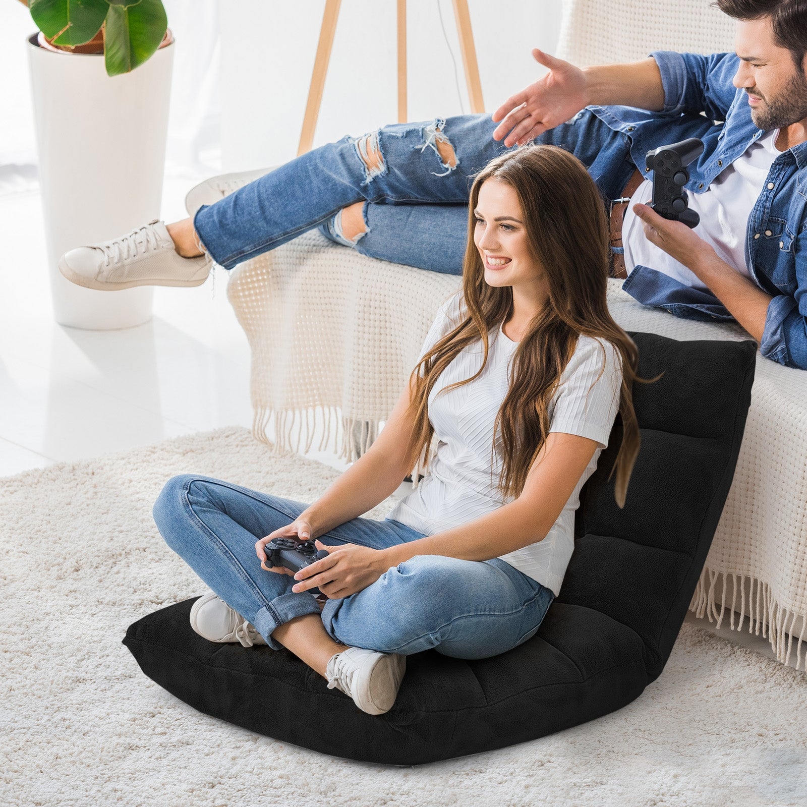 Adjustable 14-position Floor Chair Folding Lazy Gaming Sofa Chair-BlackÂ
