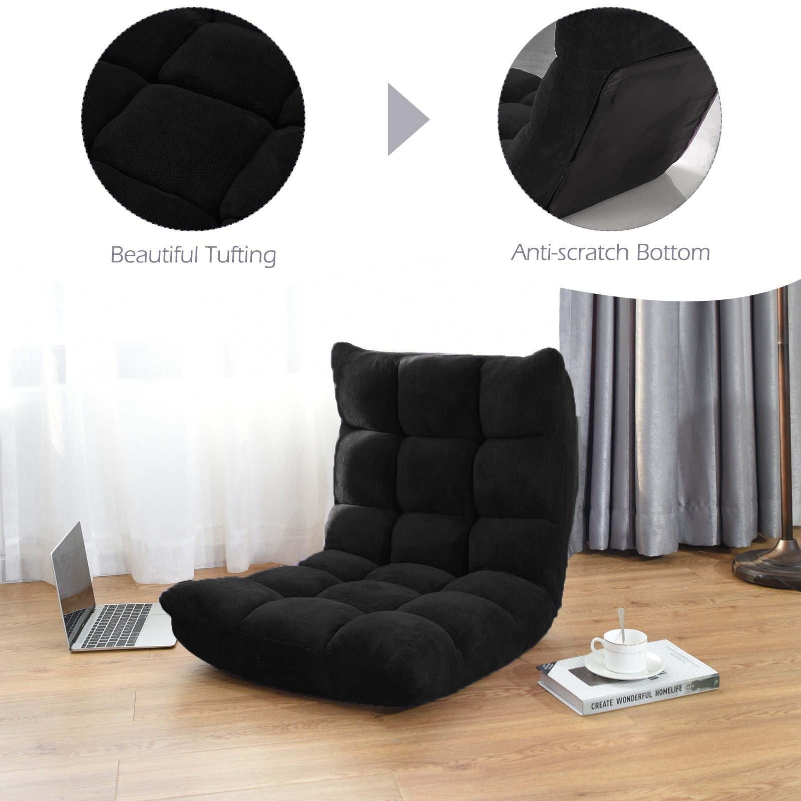 Adjustable 14-position Floor Chair Folding Lazy Gaming Sofa Chair-BlackÂ