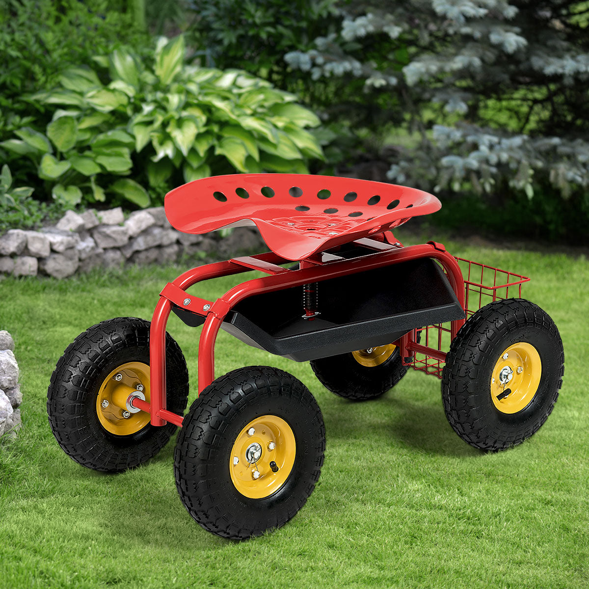 Red/Green Garden Cart Rolling Work Seat With Heavy Duty Tool Tray Gardening Planting-RedÂ