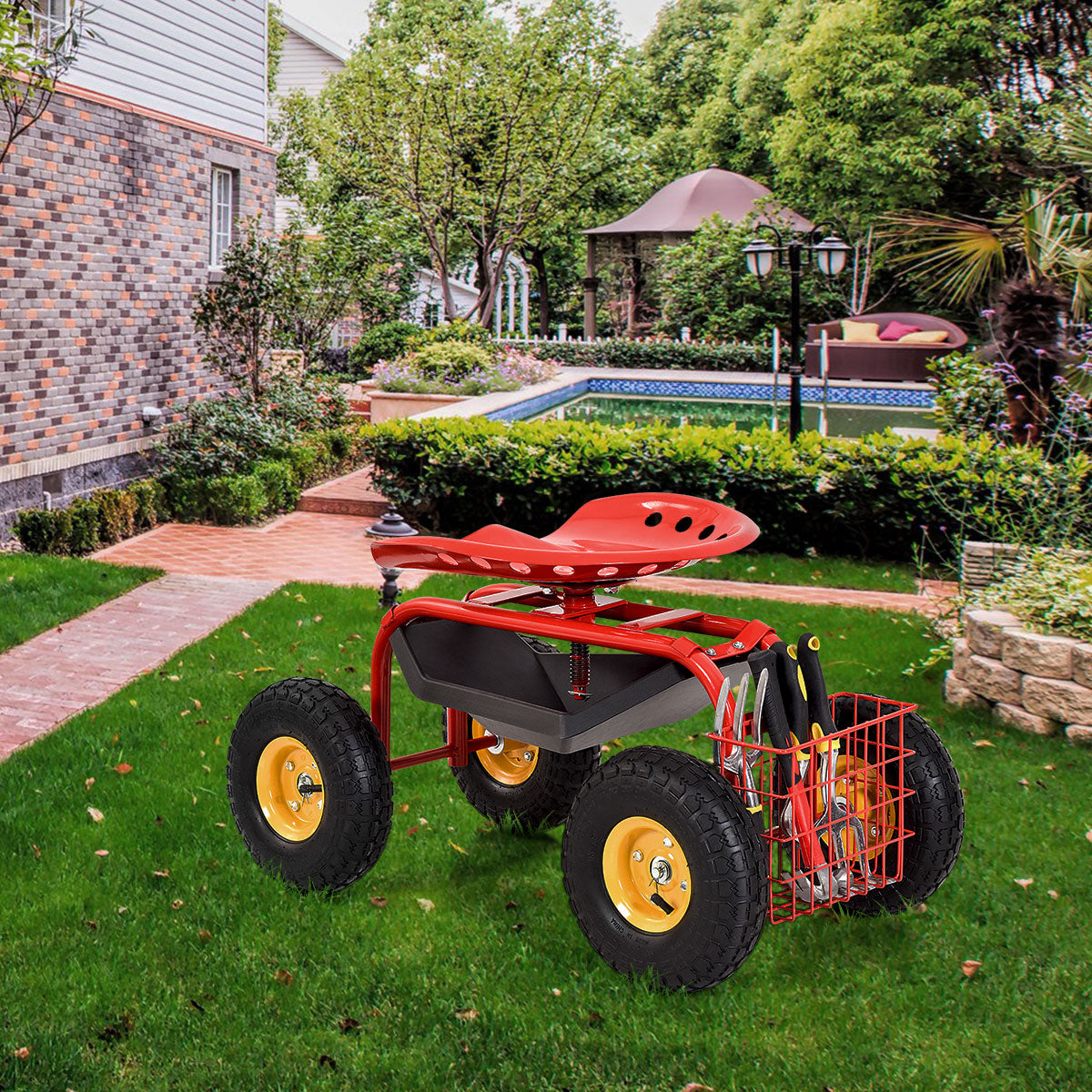 Red/Green Garden Cart Rolling Work Seat With Heavy Duty Tool Tray Gardening Planting-RedÂ