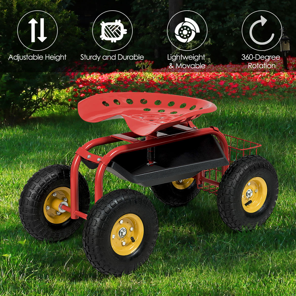 Red/Green Garden Cart Rolling Work Seat With Heavy Duty Tool Tray Gardening Planting-RedÂ