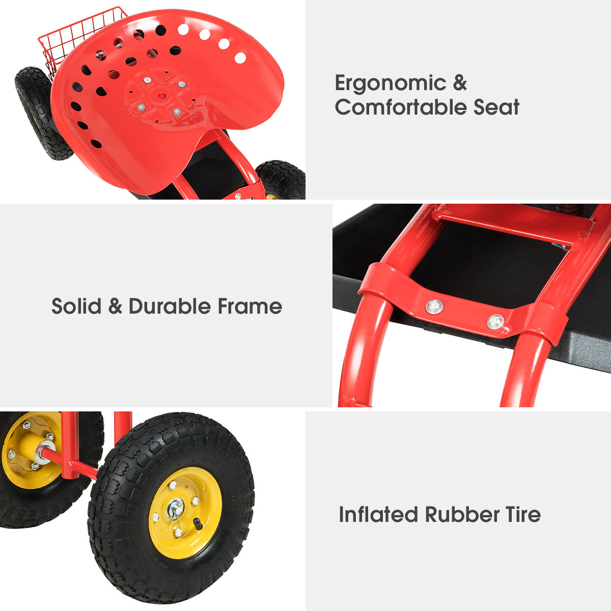 Red/Green Garden Cart Rolling Work Seat With Heavy Duty Tool Tray Gardening Planting-RedÂ