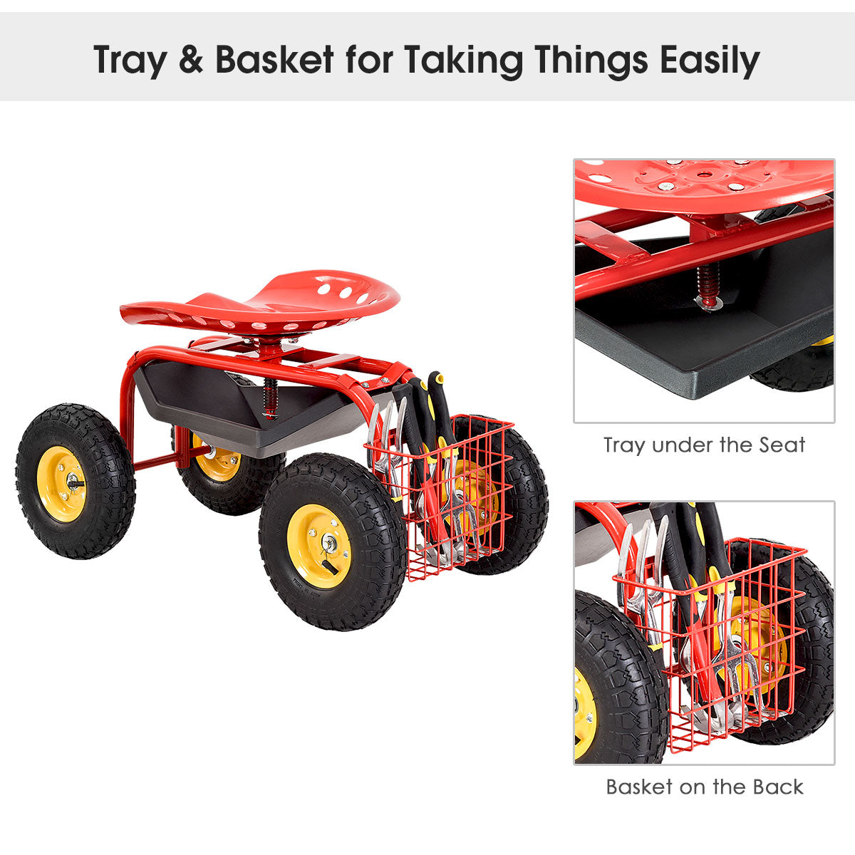 Red/Green Garden Cart Rolling Work Seat With Heavy Duty Tool Tray Gardening Planting-RedÂ